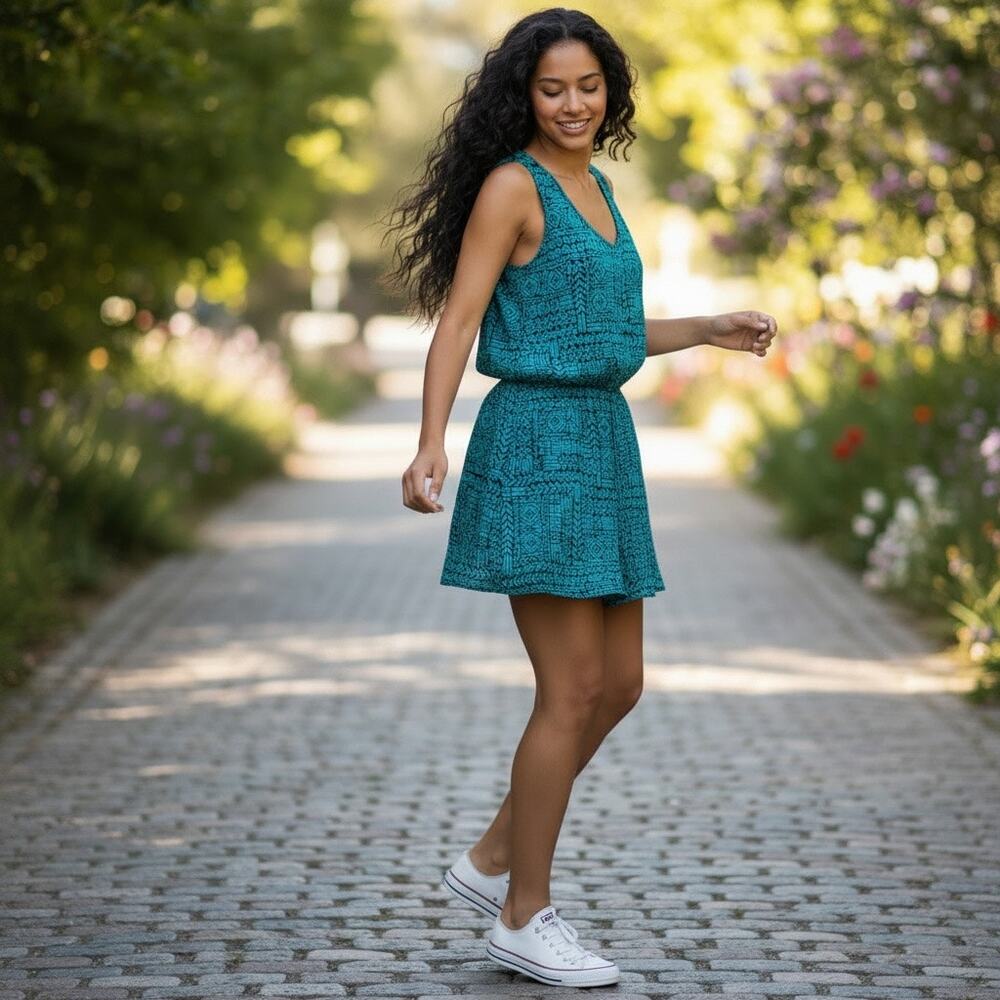 Ambiance Apparel Romper Turquoise Black Tribal Print Shorts Sleeveless Keyhole S